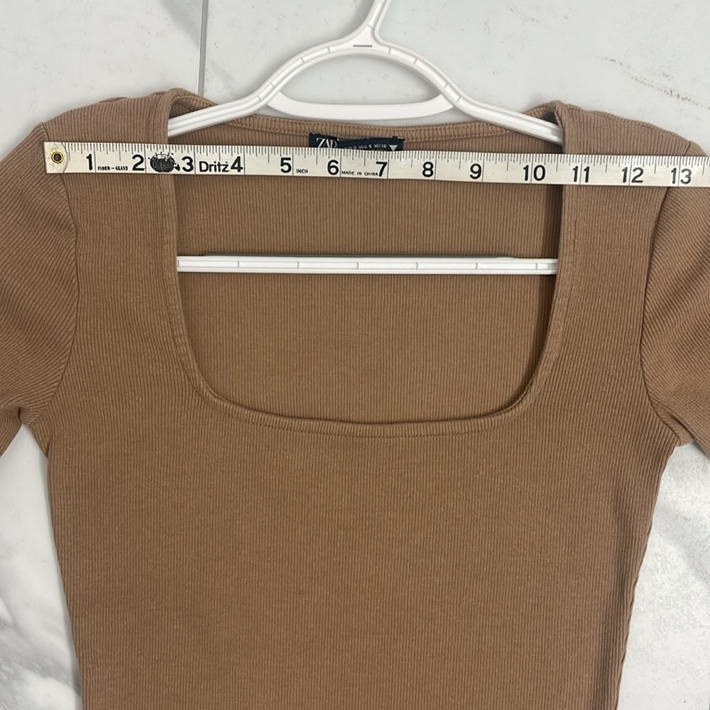 Zara Midi Bodycon Dress Ribbed Square Neck Short Sleeves Tan Size S - Picture 8 of 11